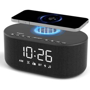 DreamSky Alarm Clock Radio with Wireless Charging and Bluetooth Speaker | Loud Alarm for Heavy Sleepers, Bedroom Digital FM Radio with Sleep Timer, 0-100% Dimmer, 9 Alarm Sounds & 16 Volumes, USB