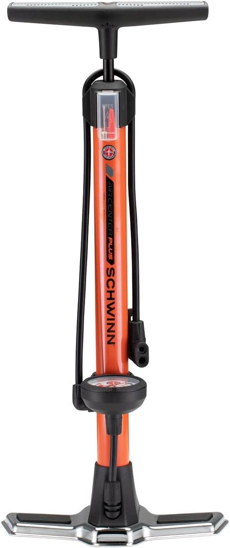 Schwinn Basic and Air Center Floor Bike Pump, Up to 120 Max PSI, Dual Head Fits Schrader and Presta Valve Types, Easy-to-Carry Portable and Convenient Design, Bicycle Essentials for Easy Road Riding (Orange)