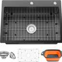 Black Kitchen Sink,25x18 Inch Kitchen Sink Stainless Steel Drop In Kitchen Sink Topmount Stylish and Modern Look Sink With Bottom Grid,Drain Basket And Drain Assembly Add Elegance & Enhance Usability