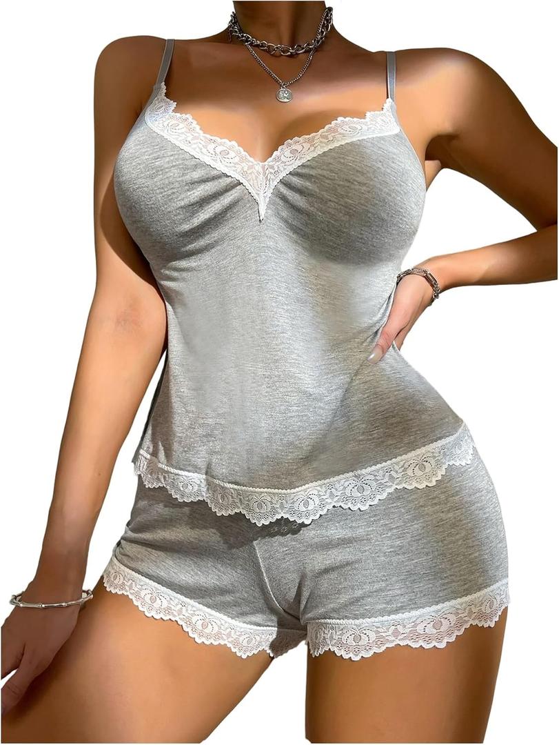 SOLY HUX Women's Lace Pajama Set V Neck Cami Tops and Shorts Sleepwear Loungewear (Gray, S)