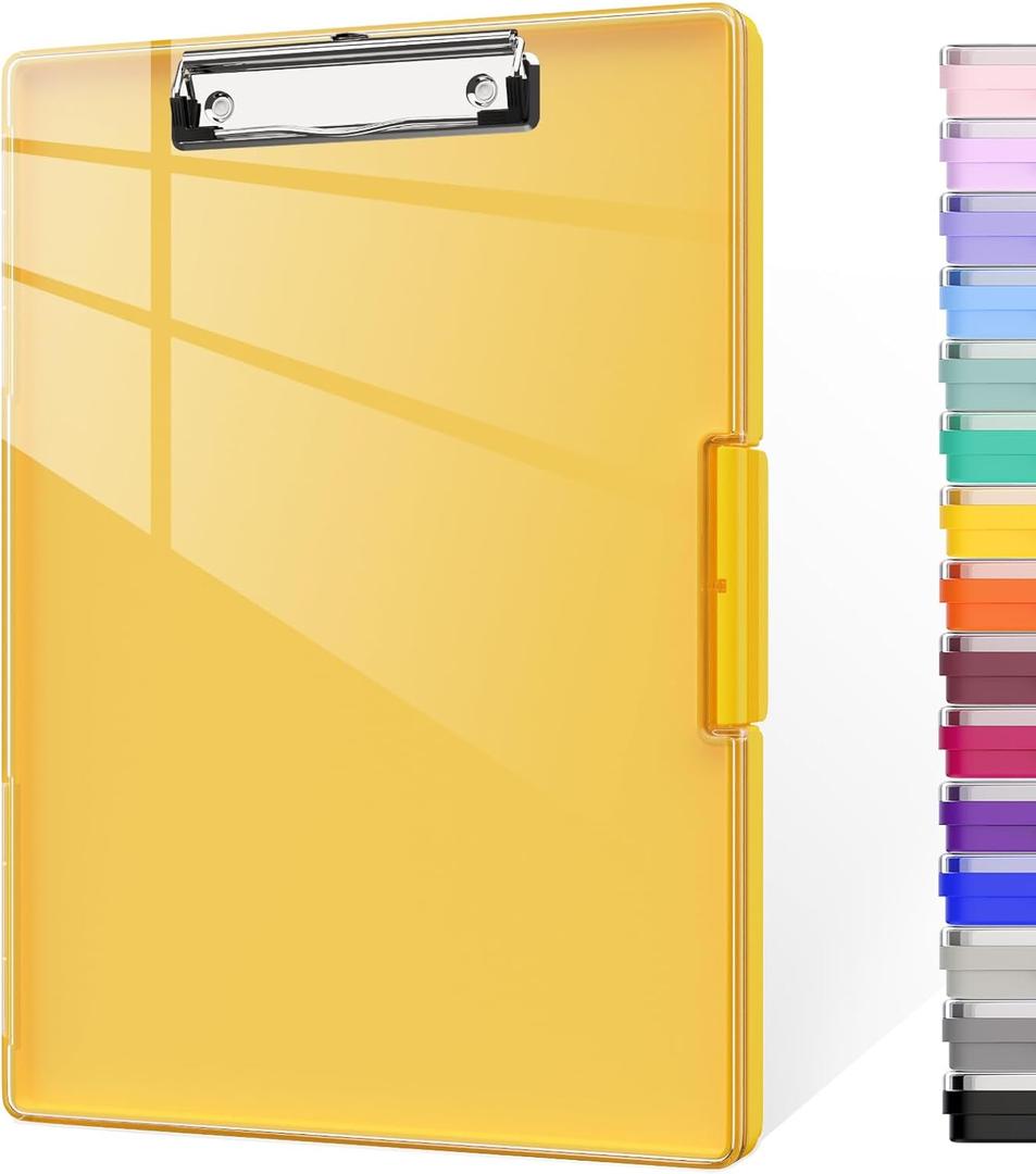 Piasoenc Clipboard with Storage, 8.5 x 11 Clip Boards with 2 Storage Case and A4 Paper Folder, Clear Dry Erase Top Panel, Heavy Duty Plastic, Folio & Side Opening, for Nurses, Teachers, Lawers,Yellow