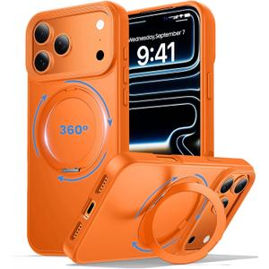 360 Magnetic Stand for iPhone 17 Pro Max Case,Fits MagSafe,Military Drop Protection,Build in Kickstand, Slim Shockproof Phone Cover for iPhone 17 Pro Max 6.9"(Matte Orange)