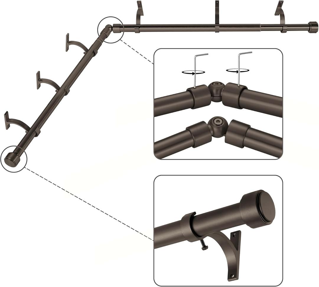 Dark Bronze Corner Window Curtain Rods with Aluminum End Cap Finials and Brackets,1 Inch Diameter Bay Window Curtain Rods,2 Sided 36-72 Inch Adjustable Drapery Rod