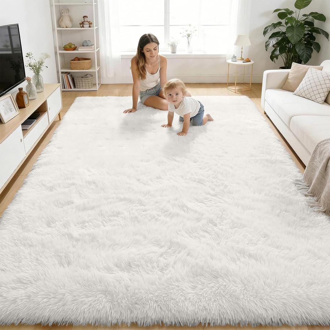 OLANLY Area Rugs for Living Room Bedroom, Machine Washable 4x5.9 ft Soft Fluffy Shaggy Bedside Rug, Indoor Floor Carpet for Kids Girls and Boys, Dorms, Nursery Rooms, Home Decor Aesthetic, White