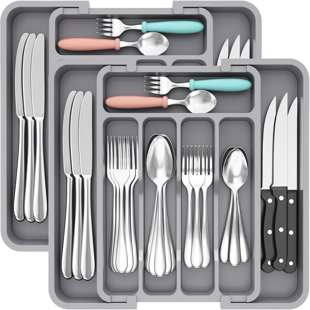 Lifewit Silverware Drawer Organizer, Expandable BPA Free Utensil Tray for Kitchen, Adjustable Flatware and Cutlery Holder for Spoons Forks Knives, Plastic Kitchen Organizers and Storage, Grey (Gray)