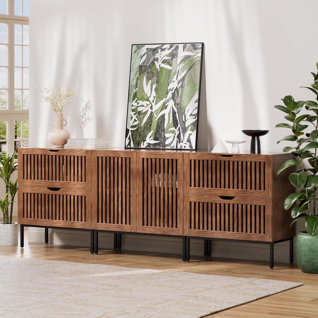 87" Farmhouse Storage Cabinet With Metal Base and Adjustable Shelf, Sideboard Coffee Bar With 2 Doors for Kitchen, Dining Room, Living Room, Brown