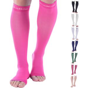Doc Miller Open Toe Compression Socks for Men and Women, 15-20 mmHg, Calf Support Sleeves, Recovery Stockings, Wide Calf, Toeless Design, 1 Pair (X-Large, Pink)