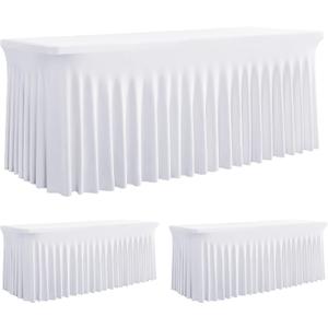 Outpain 2 Pack White Table Clothes for 8 Foot Rectangle Tables, One-Piece Wrinkle Resistant Stretch Spandex Table Covers with Skirt for Event Banquet Wedding Birthday Party