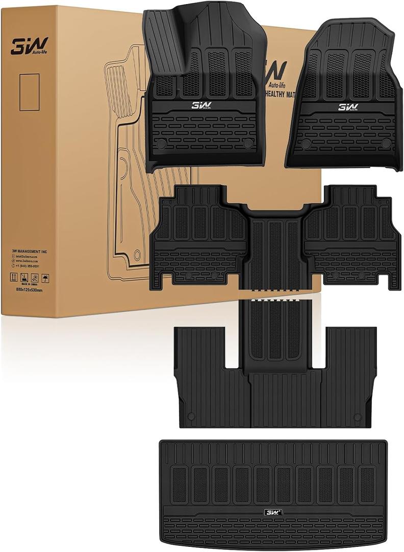 3W Floor Mats & Cargo Liner for Jeep Wagoneer 2022-2026/Grand Wagoneer 2026 7-Seat (NOT for 8-Seat/L/S),with 2nd Row Bench Seat All Weather TPE Full Set Automotive Mat Car Liners Accessories, Black