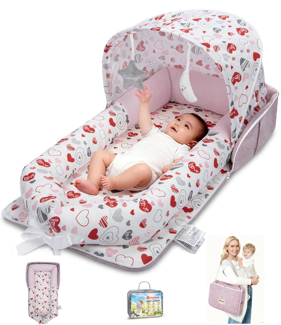 Baby Lounger with Canopy, Foldable Portable Infant Support Cushion for 0-12 Months Newborn, Soft Breathable Washable Baby Nest with Adorable Pattern, Perfect for Home Outdoor Supervised Awake Time