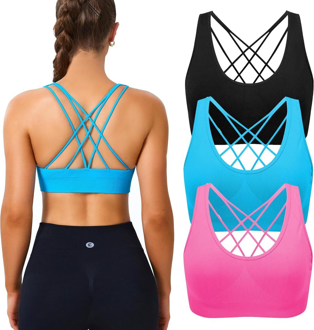 Evercute Cross Back Sport Bras Padded Strappy Medium Support Cropped Bras for Yoga Workout Fitness Bras (Black French-blue Magenta-pink 3 Pack Size M)