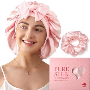 LitBear 100% Mulberry Silk Bonnet for Sleeping Women, 6A 22 Momme, Large Double-Layer Silk Hair Wrap with Tie Band, Non-Slip Turban, Includes Silk Scrunchie (Pink) LitBear 100% Mulberry Silk Bonnet for Sleeping Women, 6A 22 Momme, Large Double-Layer Silk Hair Wrap with Tie Band, Non-Slip Turban, Includes Silk Scrunchie (Pink)