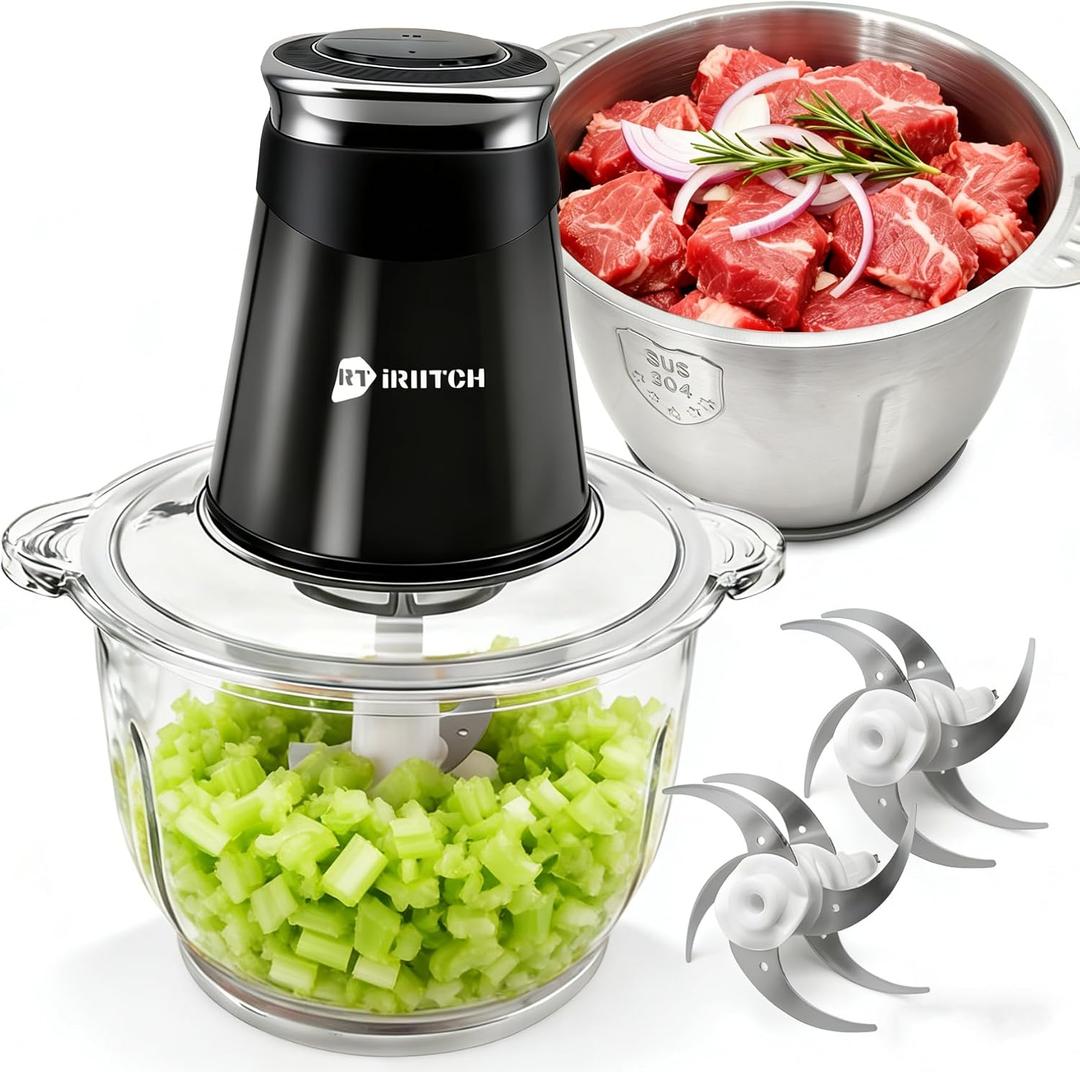 iRIITCH Food Processors, Electric Food Chopper with Meat Grinder & Vegetable Chopper - 2 Bowls (10 Cup+5 Cup) with Powerful 500W Copper Motor - Includes 2 Sets of Bi-Level Blades for Fruits/Meat/Nuts