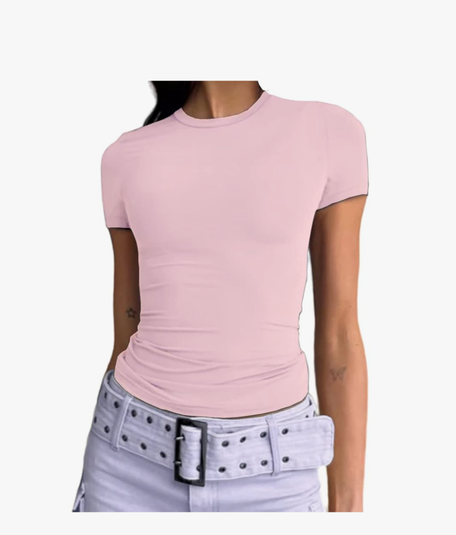 Dwnval Women Sexy Basic T Shirts Tops Summer Short Sleeve Crewneck Slim Fit Cute Crop Top Blouses, L