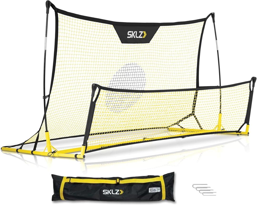 SKLZ Quickster Soccer Trainer - Dual-Sided Rebounder for Solo Passing, Receiving, Trapping Practice - Large & Small Rebound Net - Weather Resistant - Adjustable Frame, Metal Stakes & Carry Bag