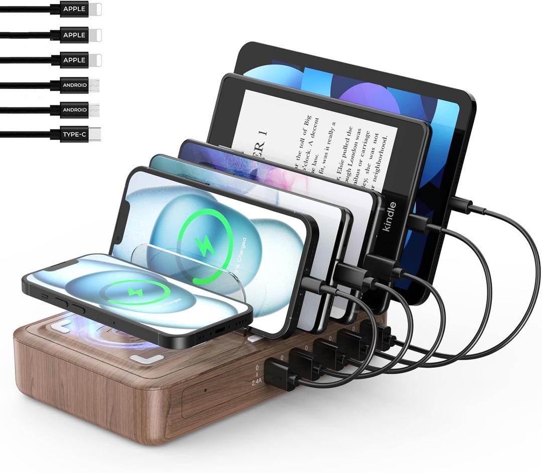 2025  Wireless Chargers for Multiple Devices: Presents for Him Her Multi USB Charging Station for Apple Device Charging Organizer, Tablet Charging Dock, Family Electronics Charging& 6 Cables (Walnut Color)