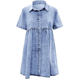 Denim Dress With Short Sleeves, Button-Down, Flowy Midi Dress, White Lace Summer Dress For Women, Bu2 (Medium, Blue)