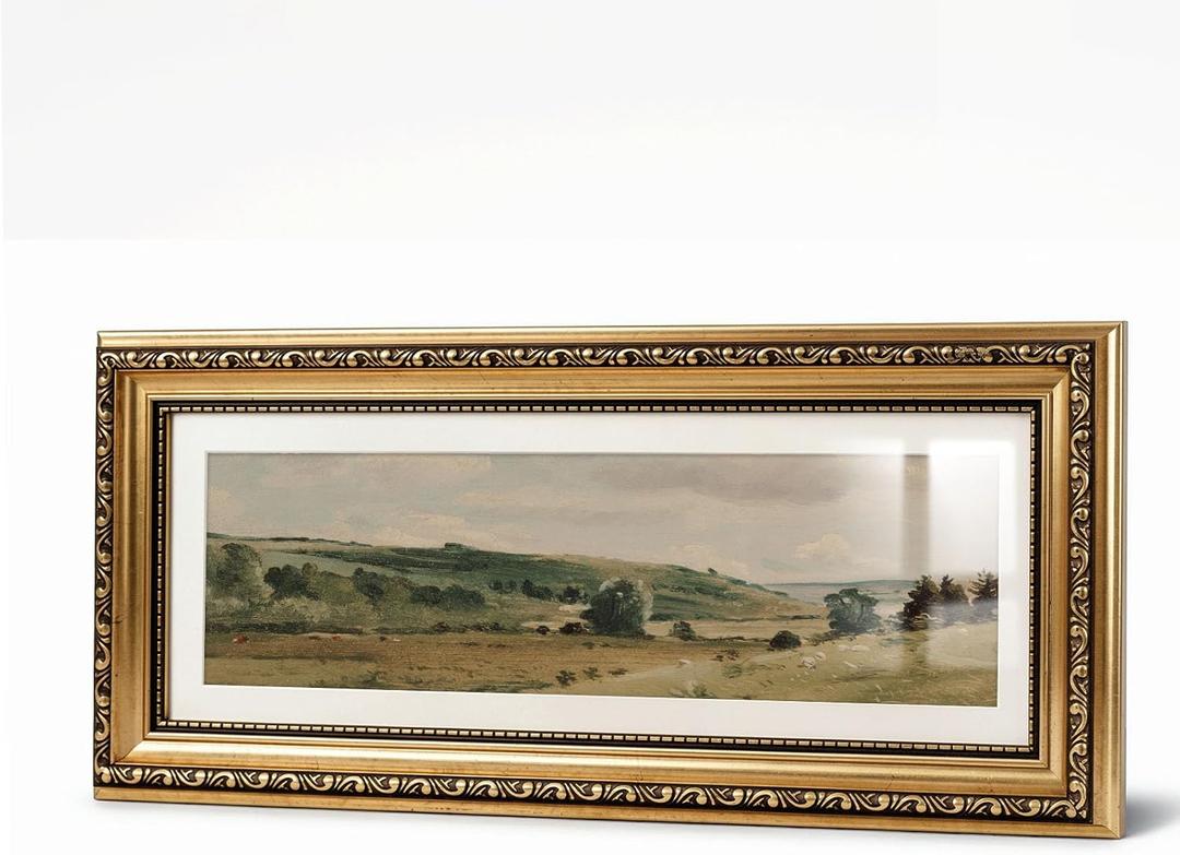 VIYYIEA Gold Framed Wall Art With Glass, Hills Plus Countryside Landscape Oil Canvas Painting, Impressionist Vintage Wall Decor For Living Room Entryway, 7x16inch