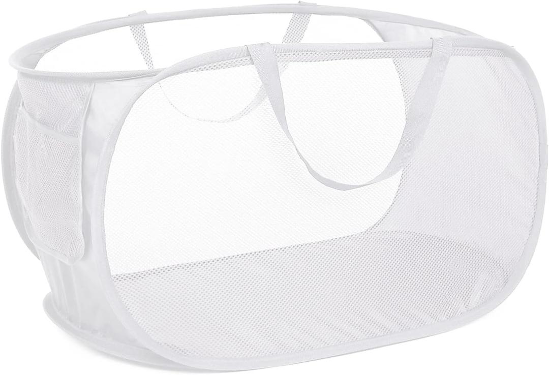 Strong Mesh Pop Up Laundry Basket, Collapsible Laundry Hamper with Side Pocket, Foldable Clothes Pop Up Hamper with Durable Reinforced Handles for Laundry, Bathroom, Kids Room, Dorm or Travel White