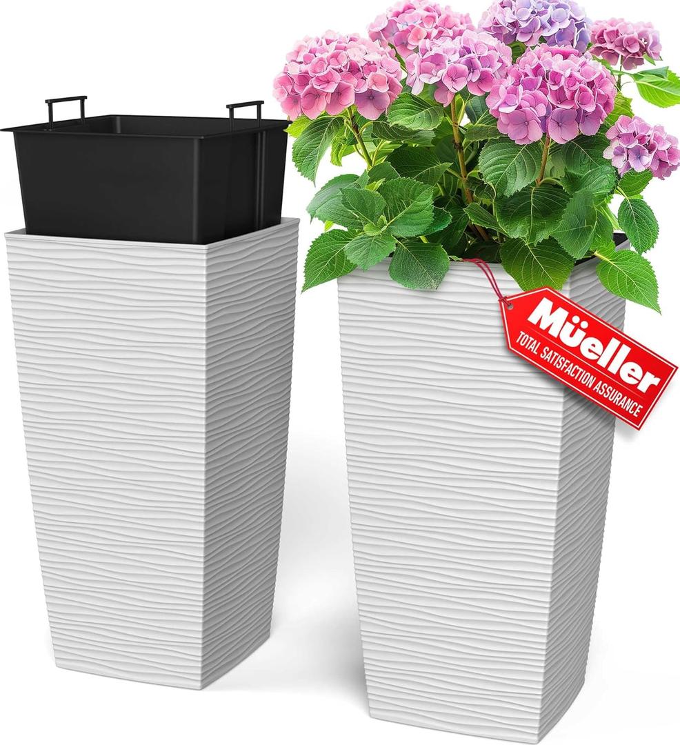 Mueller M-Resin Heavy Duty Tall Planters for Outdoor Plants, Indoor Grande Plant Pots, Boxes, Trees, Flower Pots, 2-Piece Set, 24, Modern Design, Built-in Drainage, Front Porch Decor, White