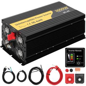 New Upgrade 3000W Pure Sine Wave Inverter Charger, Auto Transfer Switch, Remote Control, DC 12V to 120V AC with LCD Display, Ideal for Off-Grid & Emergency Power