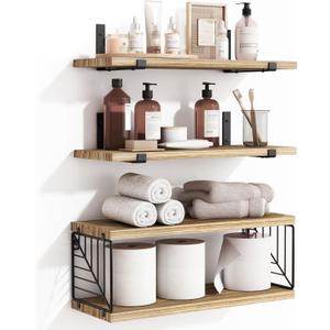 Fixwal 3+1 Tier Bathroom Floating Shelves Over Toilet, 15.8in Farmhouse Rustic Wood Shelves, Wall Decor for Bathroom, Living Room,Bedroom and Kitchen (Rustic Brown)