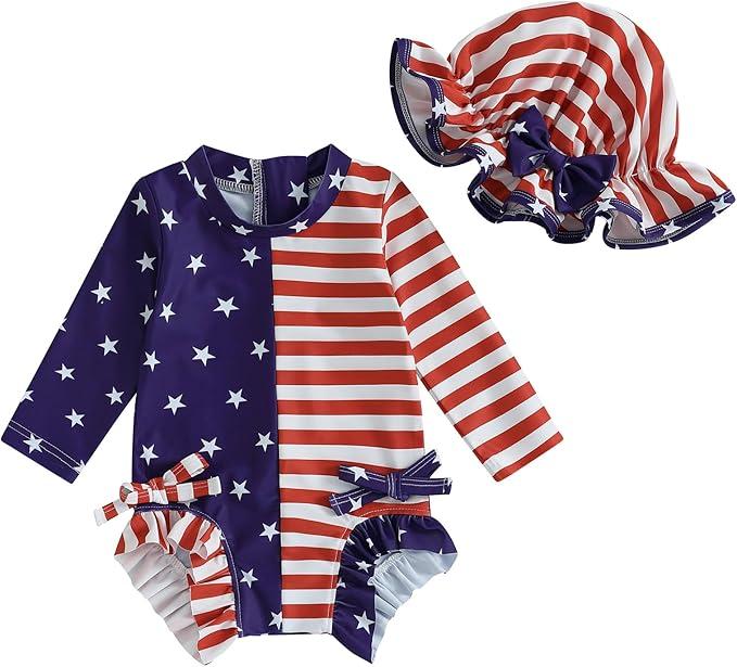 Toddler Girl 4Th of July One Piece Swimsuit Rash Guard Beachwear Ruffle Baby Swimwear Sun Protection Bathing Suit, 3-4Y