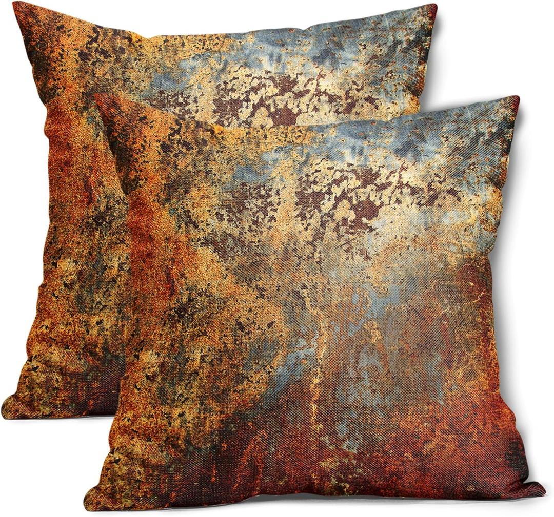 Brown Rust Metal Pillow Covers 16X16 In Gold Rusty Cinnamon Copper Bronze Metallic Pillow Cases Orange Teal Rustic Throw Pillows Set of 2 Autumn Home Decor For Living Room Couch Bed Sofa Outdoor
