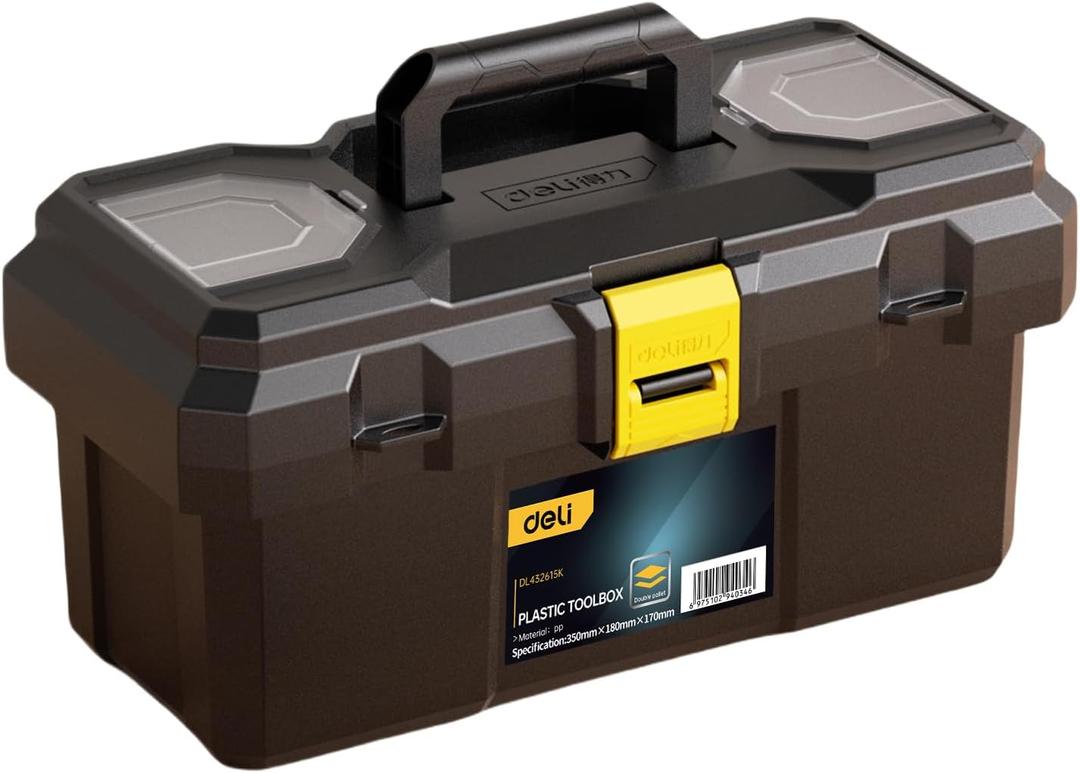 Deli Small Tool Box, 15in Plastic Toolbox with Handle,Portable Tool Box with Removable Tray and Lockable Design,Tool Storage Box for Home, Workbench and Garage Organization