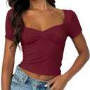 ForeFair Women's Sexy Short Sleeve Going Out Tops Pleated Bustier Shirt Cute Sweetheart Neck Y2K Crop Tee (Medium, Burgundy)