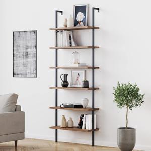 Nathan James Theo 6-Shelf Tall Bookcase, Wall Mount Bookshelf with Reclaimed Wood and Industrial Metal Frame, Oak/Black (1)