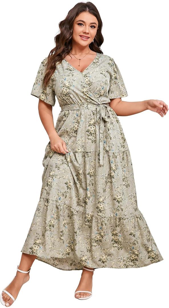 ShopWonder Womens Plus Size V Neck Wrap Maxi Dress High Waist Ruffle Summer Casual Dress with Belt Green Yellow 2025 2XL