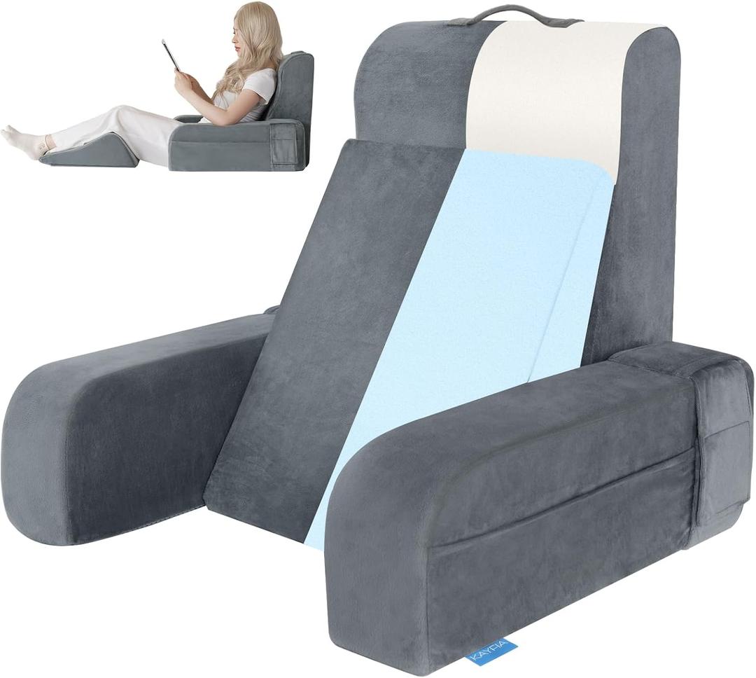 Kayfia Reading Pillow, 10 in 1 Back Pillow for Bed Sitting up with Detachable Arms Rest, Back Rest with Gel Memory Foam, Husband Pillow for Reading/Gaming/Working in Bed or Couch 19", Gray