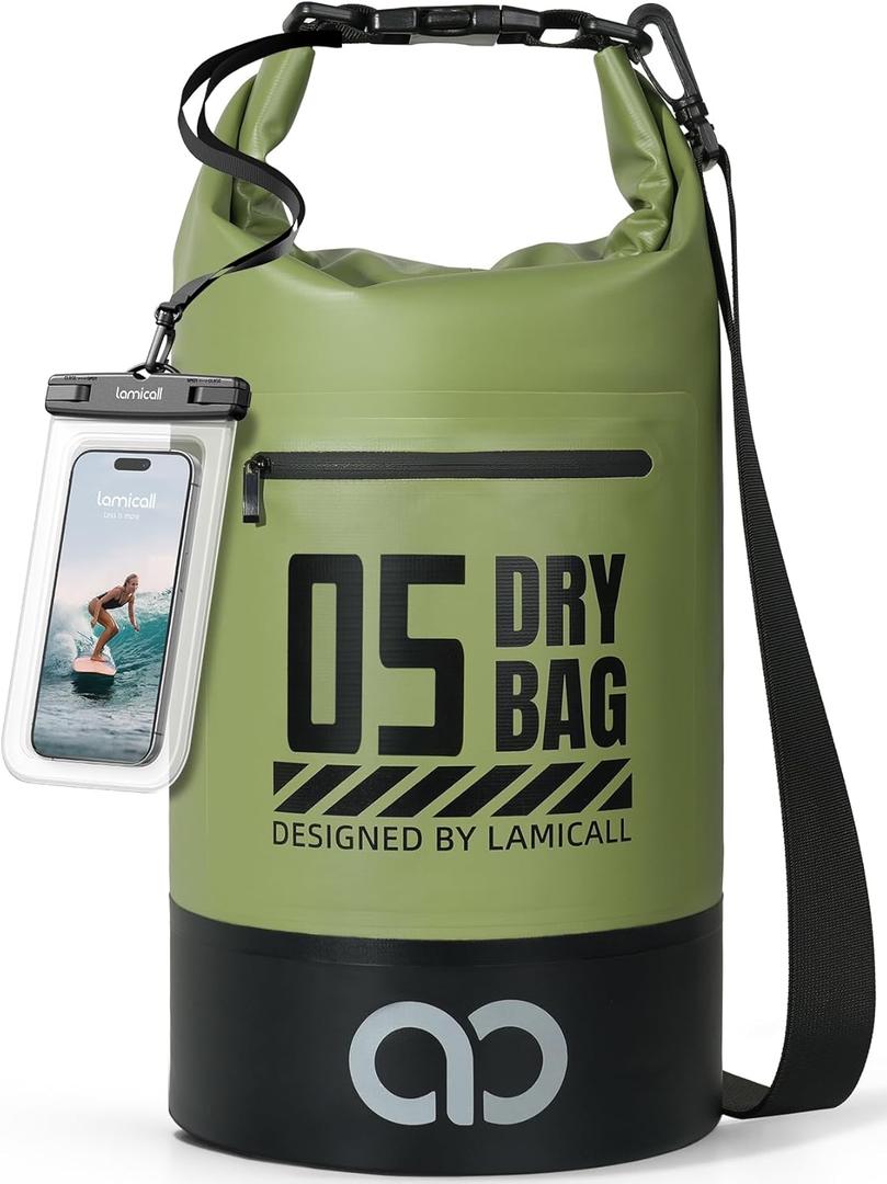 Lamicall Dry Bag Waterproof Backpack - [Zippered Pocket] 5L/10L/20L/30L/40L Roll Top Waterproof Bag with Water Proof Phone Pouch, Floatable Drybag for Swimming, Boating, Kayaking, Camping, Beach (Green)