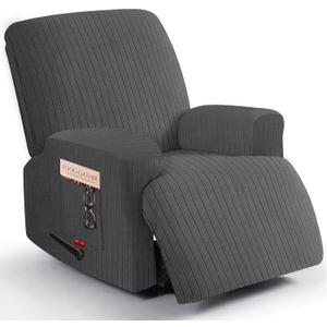 3 Pieces Stretch Recliner Chair Covers - Striped Pattern Slipcovers & Durable Furniture Protectors for Kids and Pets (1 Seater, Dark Gray)