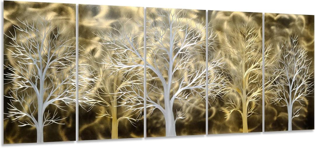 Yihui Arts Large 3D Aluminum Tree Metal Wall Art Hand Crafted - 5 Panel Wall Decor for Living Room, Bedroom, Office Size: 64"L x 32"W