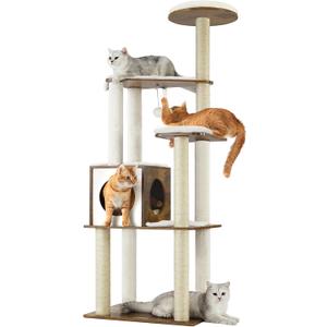 Feandrea Cat Tree, 64.6-Inch Modern Cat Tower, Multi-Level Condo with 5 Scratching Posts, Perch, Washable Removable Cushions, Cave, Rustic Brown UPCT166X01