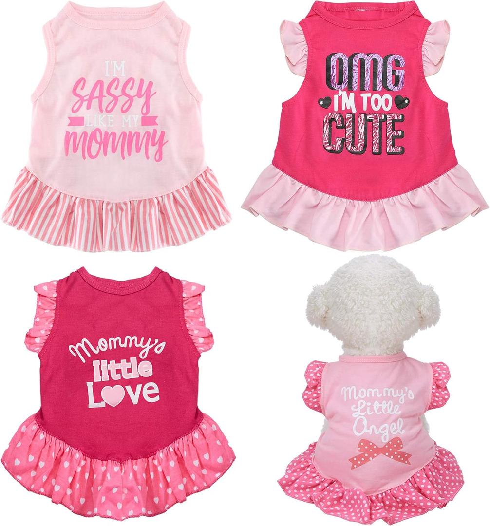 Weewooday 4 Pieces Pet Dress Shirt Cute Pink Dog Sundress Printed Dog Princess Dress Puppy Summer Apparel Clothes Pet Skirt Shirt with Ruffles Cloth for Small Dogs Cats Puppy(S)