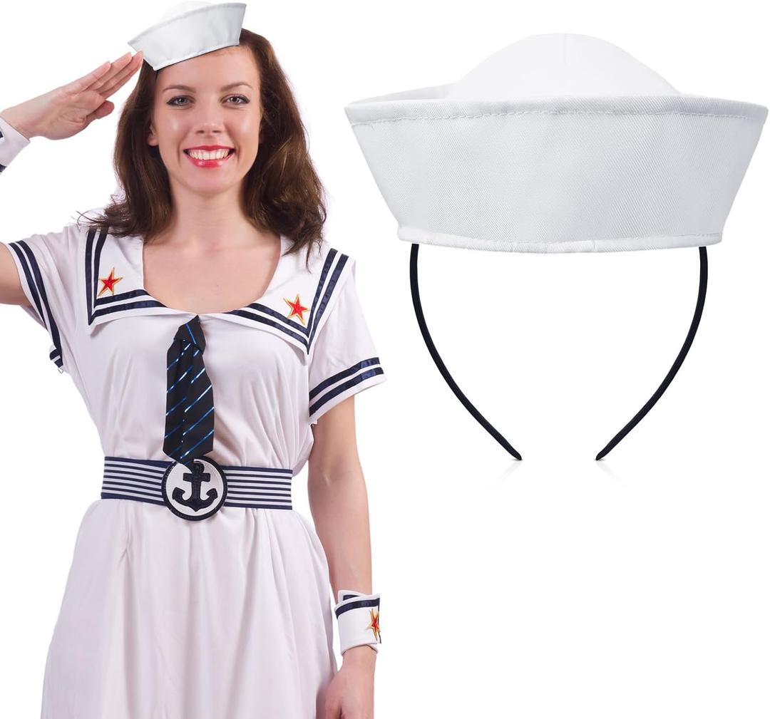 Tigeen Halloween White Mini Captain Hat Headband 15 cm Headbands Navy Sailor Hat for Yacht Nautical Dressing up Theme Role Play Party Costume Accessory
