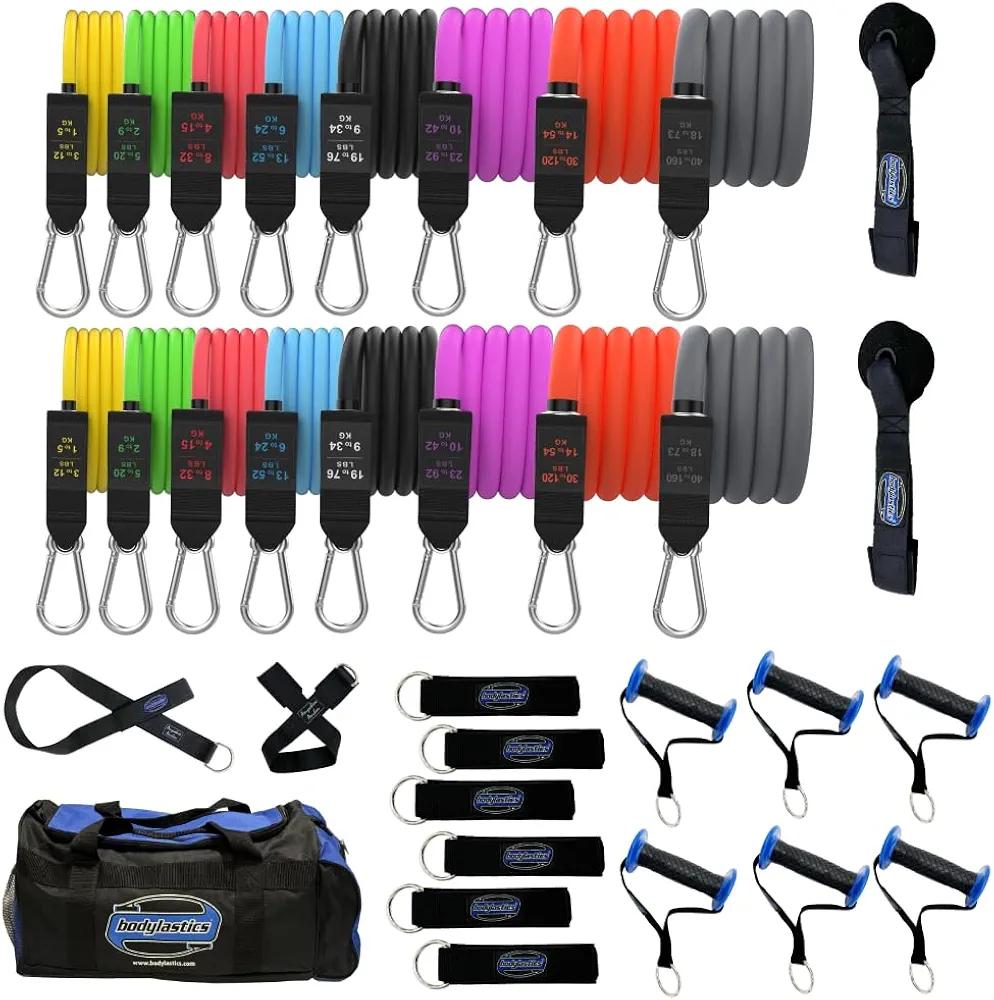Bodylastics Resistance Band Set - Resistance Bands with Handles, Ankle Straps, Door Anchor, Carry Bag - Heavy-Duty Stretch Exercise Bands -Patented Clips and Snap Reduction Tech -Fitness Workout Band