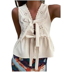 SOLY HUX Women's Y2k Bow Tie Front V Neck Sleeveless Blouse Eyelet Embroidery Ruffle Hem Babydoll Tops XS