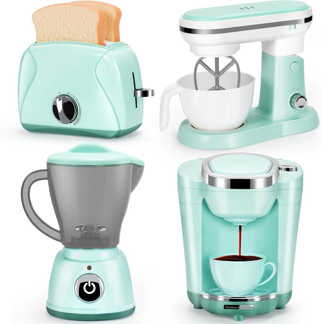 Play Kitchen Appliances Toy Set with Coffee Maker Machine, Mixer, Toaster, Blender, Kids Kitchen Playset, Play Kitchen Accessories with Sound & Light, Birthday Gifts for Kid Girls Ages 3-5 4-8 (Green)