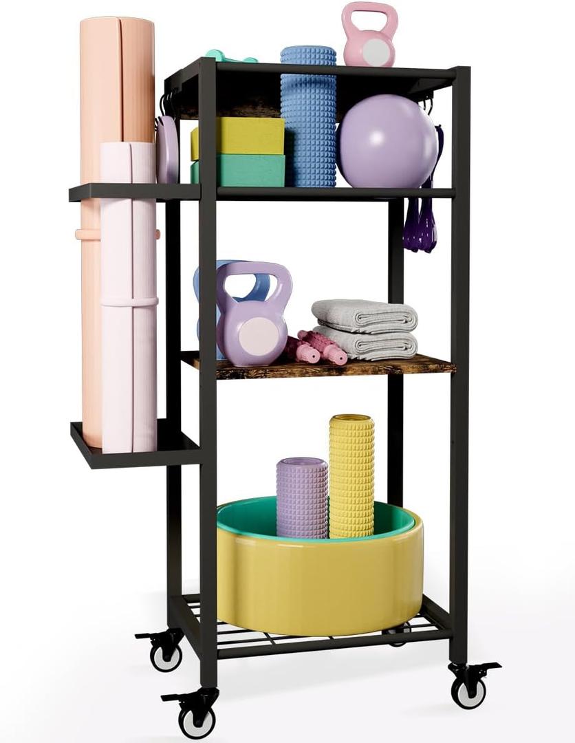 Yoga Mat Storage Rack with Wheels, 3 Tier Home Gym Workout Equipment Organizer for Dumbbells, Kettlebells, Foam Rollers (Black)
