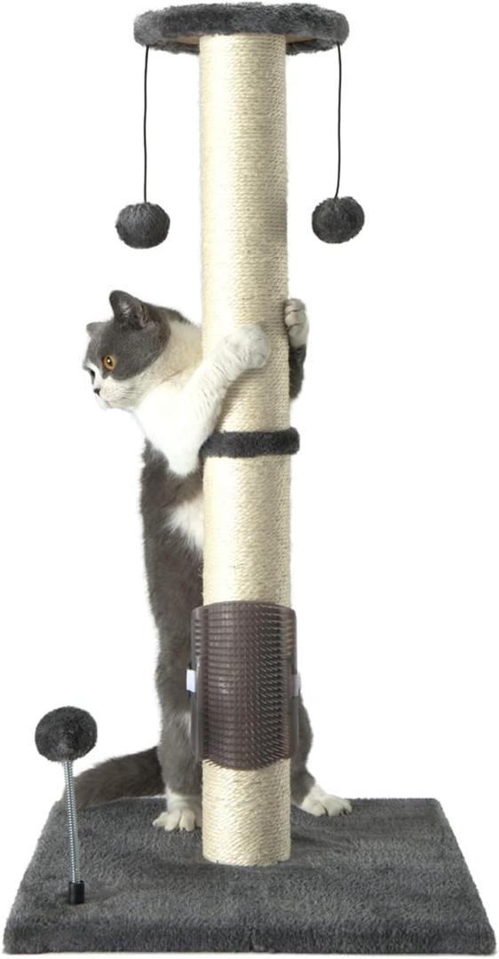 PEEKAB 32" Tall Cat Scratching Post Sisal Scratch Posts,with Hanging Ball and Self-Massage Brush Vertical Scratcher for Indoor Cats and Kittens Gray 32inches
