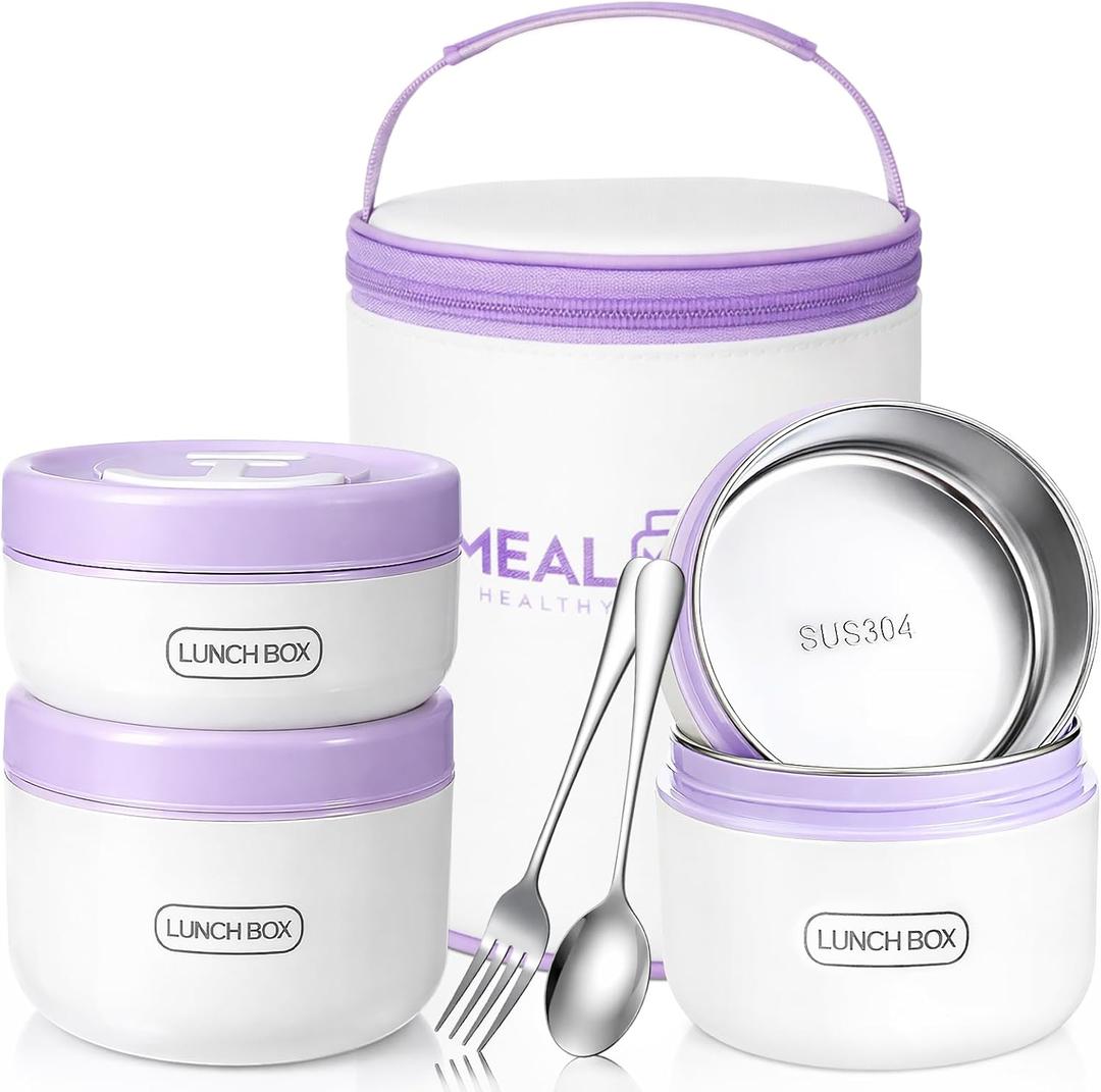 Dandat 3 Pcs Portable Insulated Lunch Container Set for Adult, Stackable Stainless Steel Bento Box for Hot Food with Insulated Lunch Bag Unisex 3 Separate Thermal Food Container (Purple,Round)