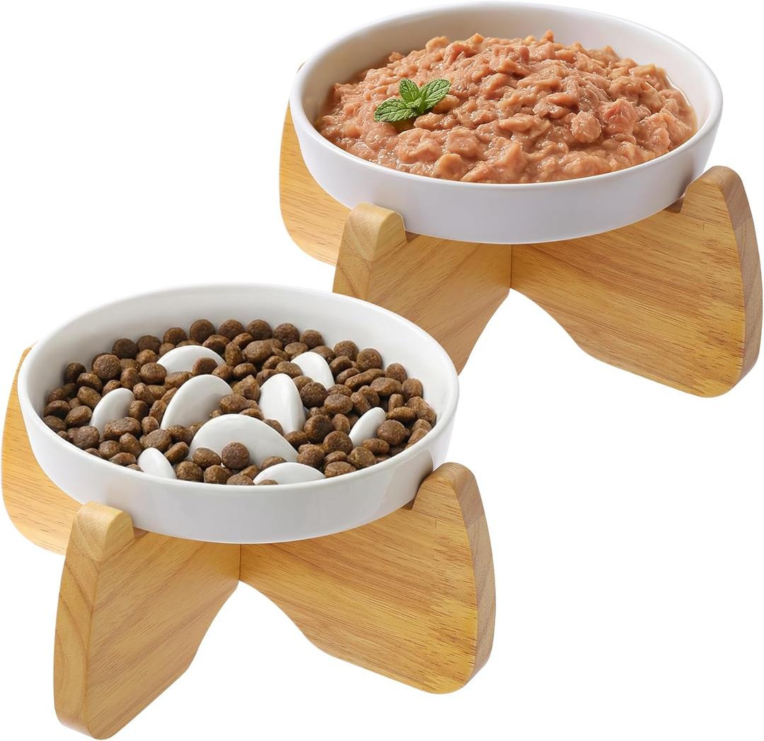 Raised Cat Bowls, 6.3'' Flat & Slow Feeder Bowl, Wide Ceramic Elevated Shallow Slow Eating Cat Bowl for Dry/Wet Food, Anti-Vomiting Pet Puzzle Feeder, Whisker Friendly, Dishwasher Safe (2 Pack)