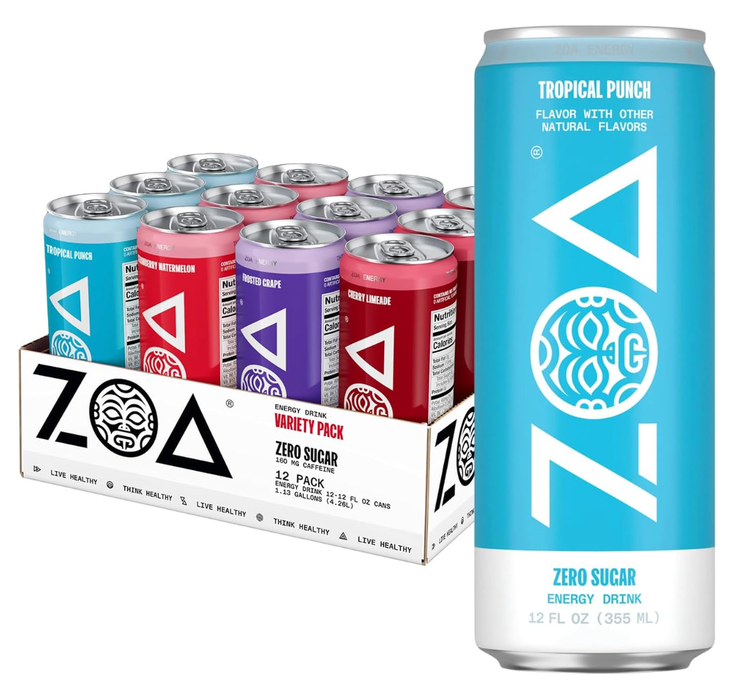 ZOA Zero Sugar Energy Drinks, Variety Pack - Sugar Free with Electrolytes, Healthy Vitamin C, Amino Acids, Essential B-Vitamins, and Caffeine from Green Tea - 12 Fl Oz (12-Pack) | Better for You Sugar Free Energy Drink with Plant Based Caffeine, Electrolytes, Vitamin B and C helping support hydration, BB 09-06-26