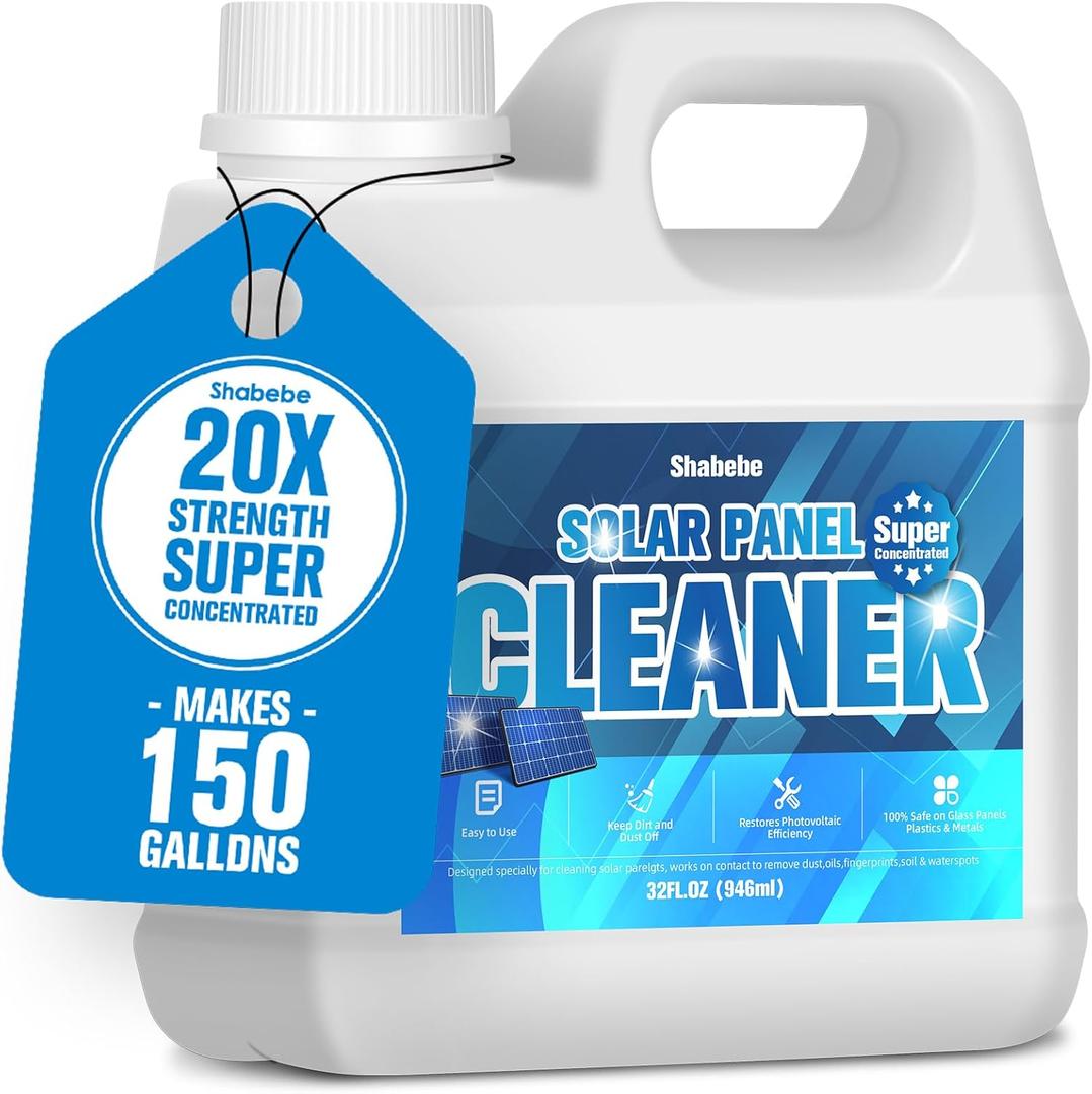 Shabebe Solar Panel Cleaner 32oz (Makes 150 Gallons)  20X Strength Super Concentrated Glass & Solar Panel Cleaning, Industrial Grade StreakFree Fast Dry Remove Oils, Water Spots, Dust, Droppings