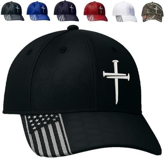 Adjustable Jesus 3 Nail Cross Hat with American Flag (One Size, Black)