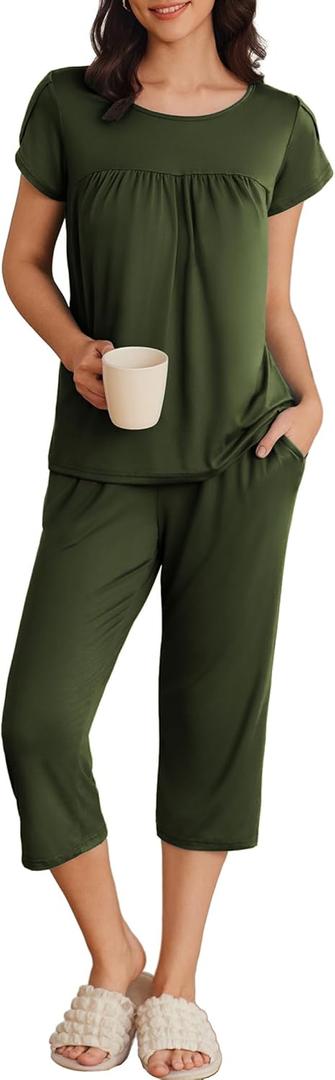 Ekouaer Womens Pajama Set Short Sleeve Sleepwear Pleated Floral Pjs Set Capri Pants Lounge Sets with Pockets S-XXL (Medium, Army Green)